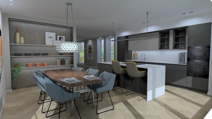 Moderne eetkamer met een houten tafel en blauwe stoelen; open keuken op de achtergrond.